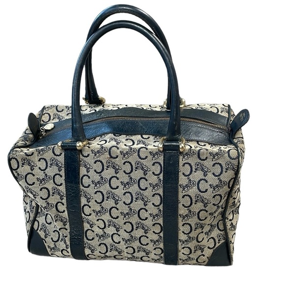 Vintage Celine Square Duffle Boston Bag Navy Blue Gray C Horse Carriage Macadam - Picture 1 of 17